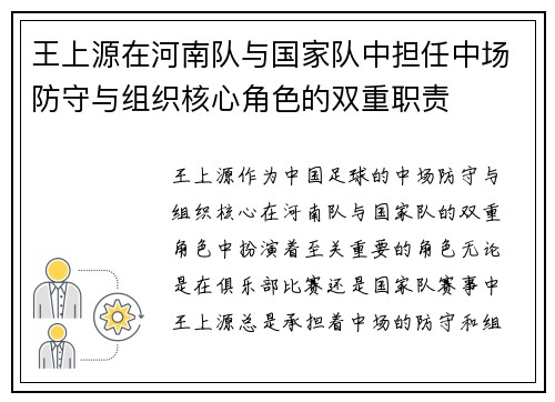 王上源在河南队与国家队中担任中场防守与组织核心角色的双重职责 王上源在河南队与国家队中担任中场防守与组织核心角色的双重职责