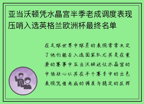 亚当沃顿凭水晶宫半季老成调度表现压哨入选英格兰欧洲杯最终名单 亚当沃顿凭水晶宫半季老成调度表现压哨入选英格兰欧洲杯最终名单