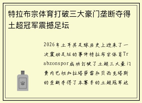 特拉布宗体育打破三大豪门垄断夺得土超冠军震撼足坛 特拉布宗体育打破三大豪门垄断夺得土超冠军震撼足坛